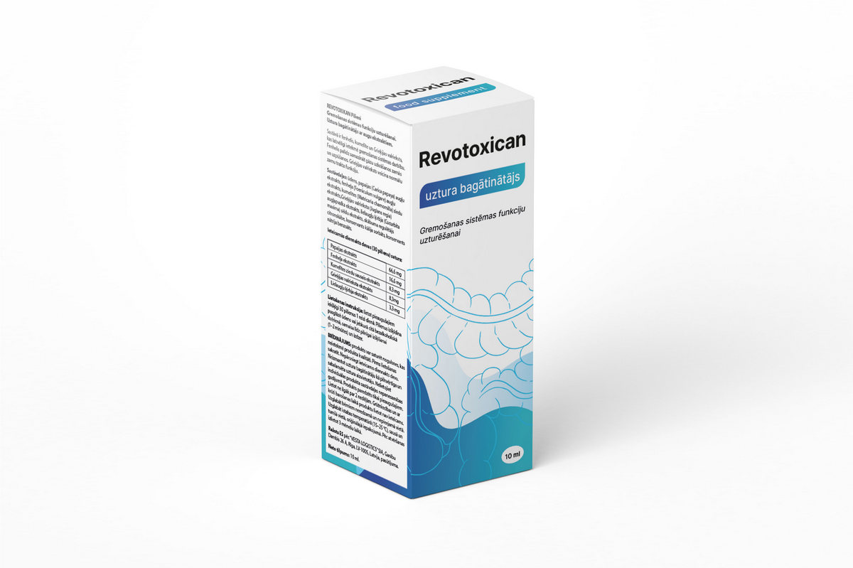 Opakowanie Revotoxican Drops z butelką kropli – widok produktu